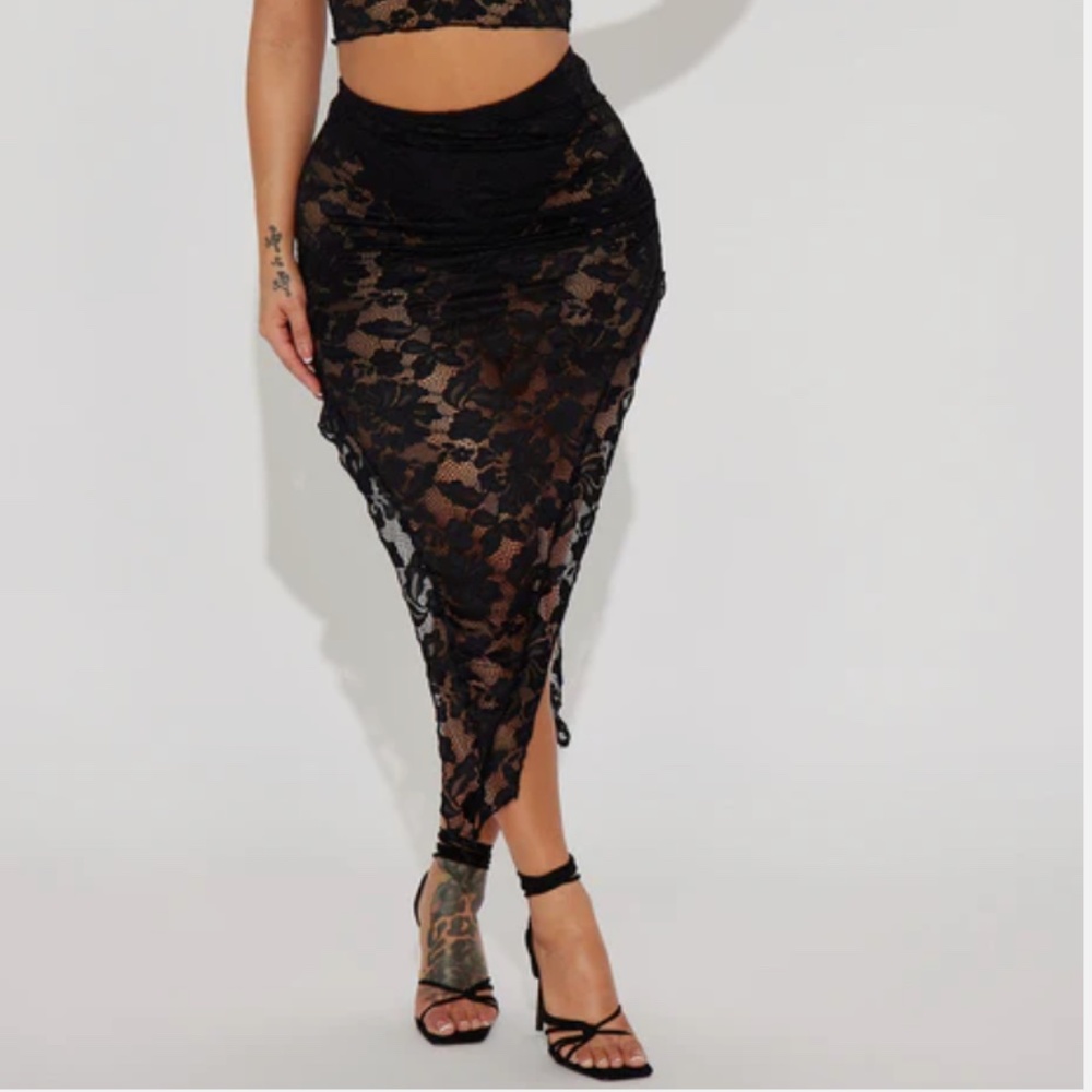 Black Lace Rouched Midi Skirt SZ XS